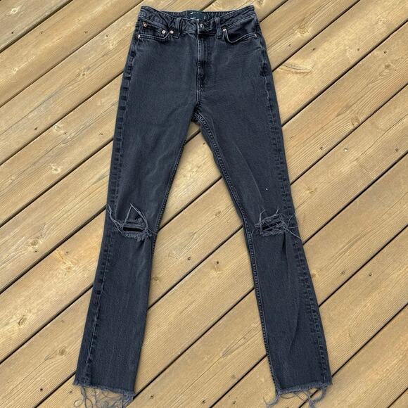 Asos 28/36 Tall Long Ripped Knee Distressed Frayed Hem Skinny Jeans - Black - Picture 1 of 11